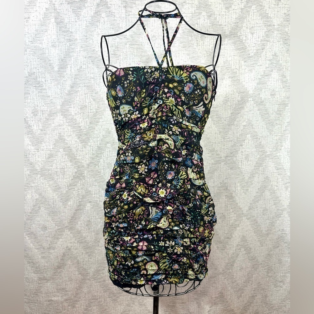 zara ruched mini black paisley printed strapless dress size M